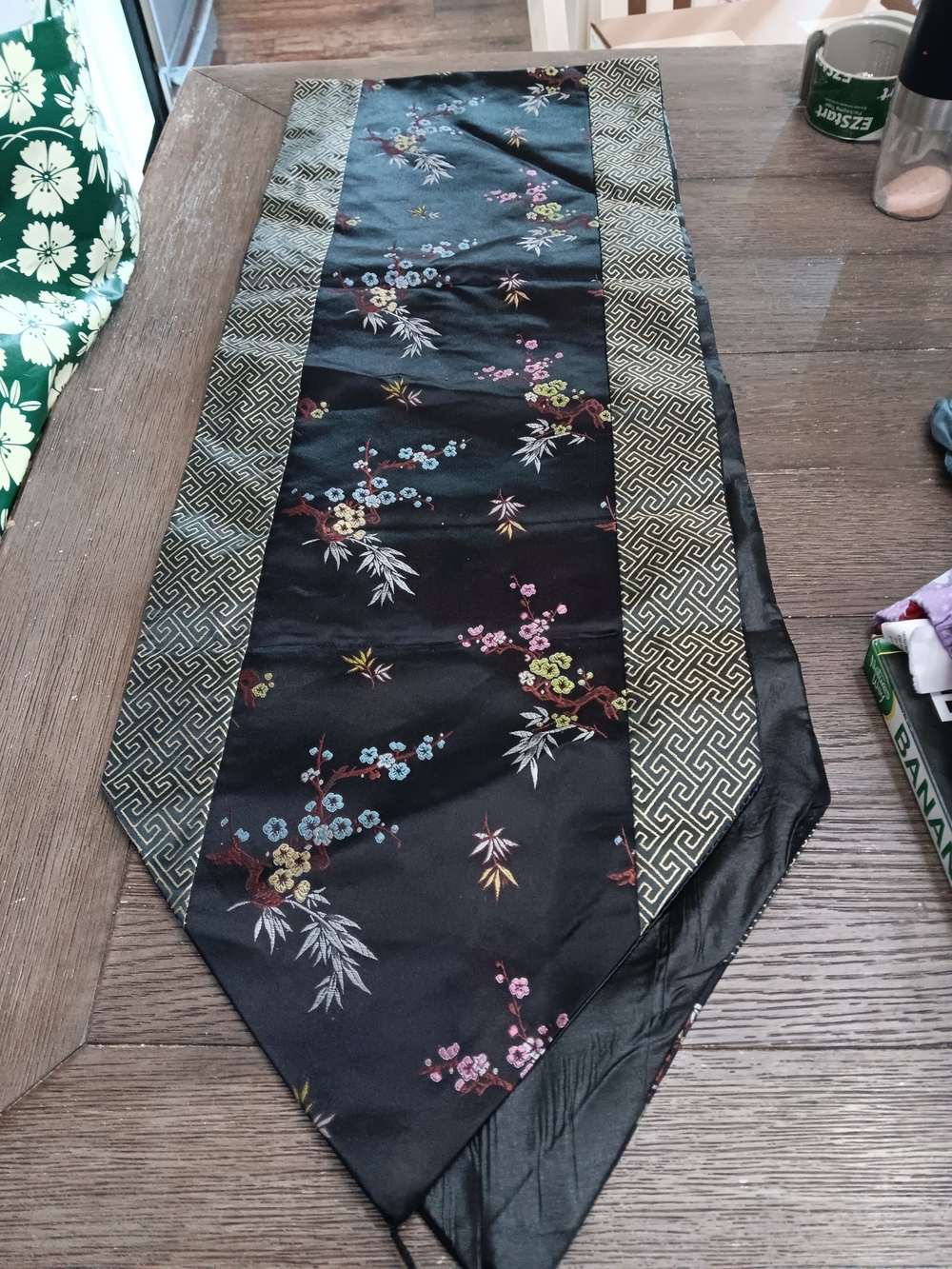 Black Floral & Gold Patterned Table Runner With Tassles 68 By 12.5